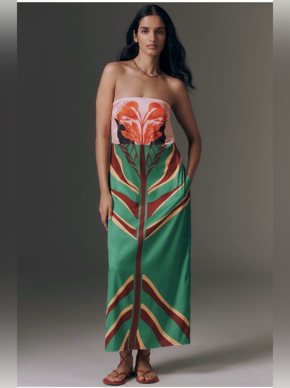 Anthropologie -De Loreta Aloe Strapless Green and Orange Floral-Print Maxi Dress